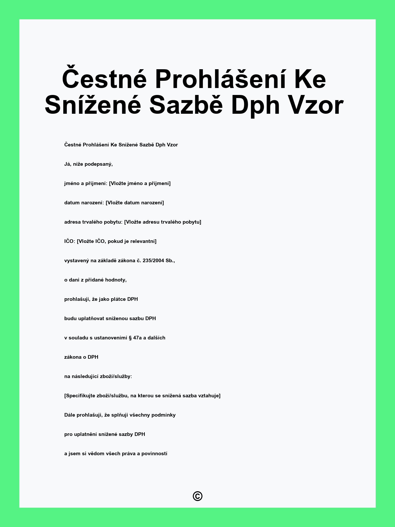 Čestné Prohlášení Ke Snížené Sazbě Dph Vzor