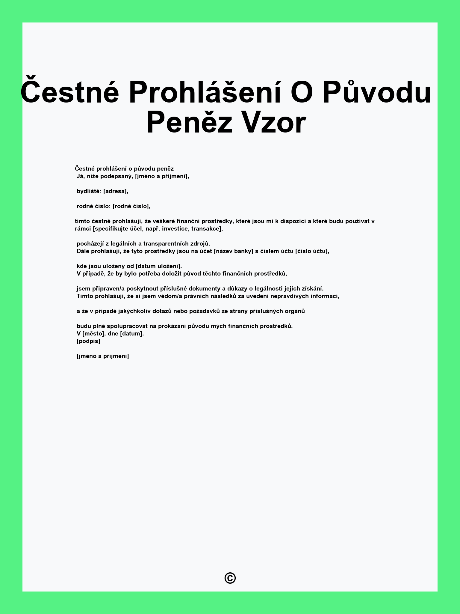 Čestné Prohlášení O Původu Peněz Vzor