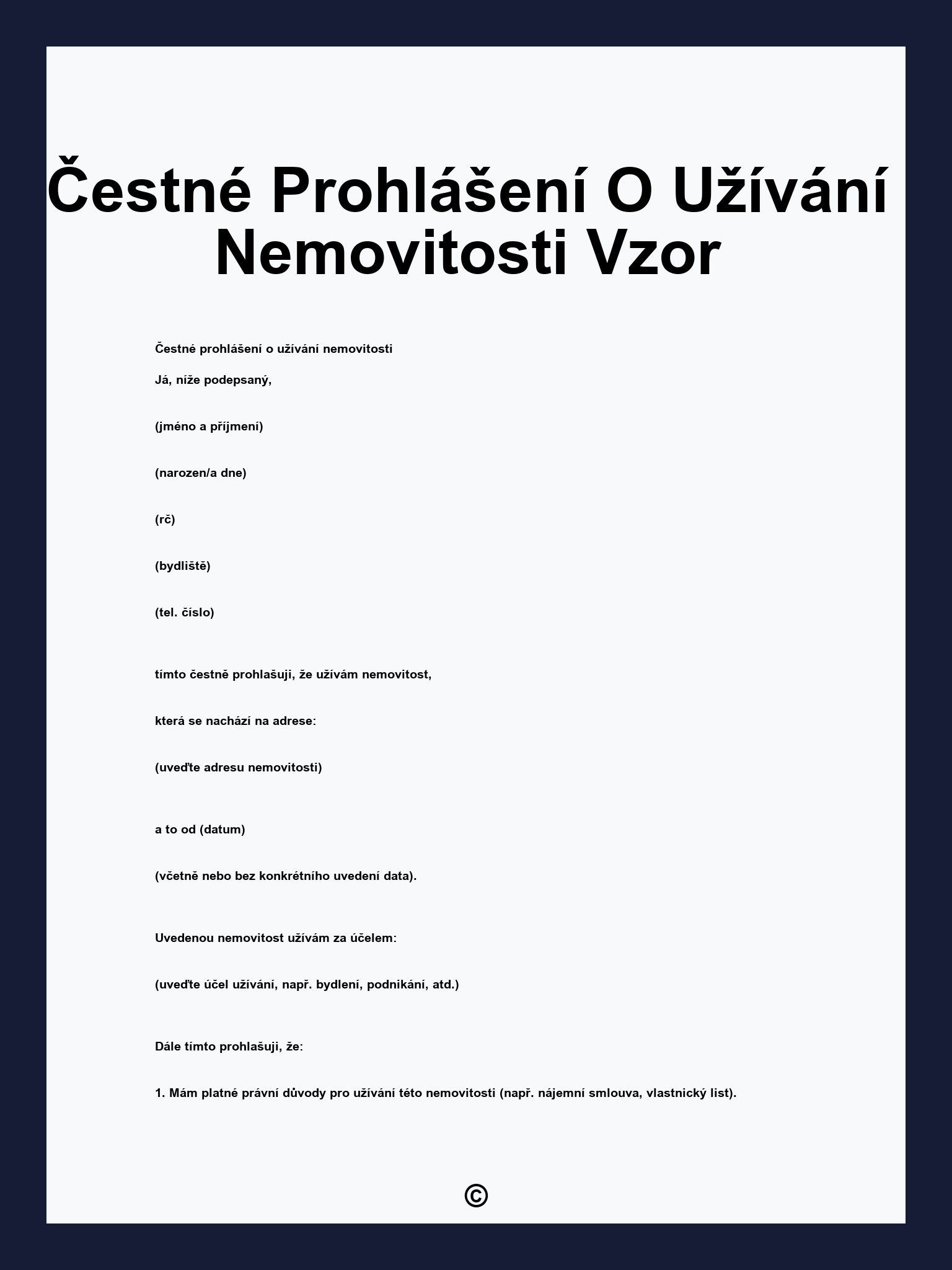 Čestné Prohlášení O Užívání Nemovitosti Vzor