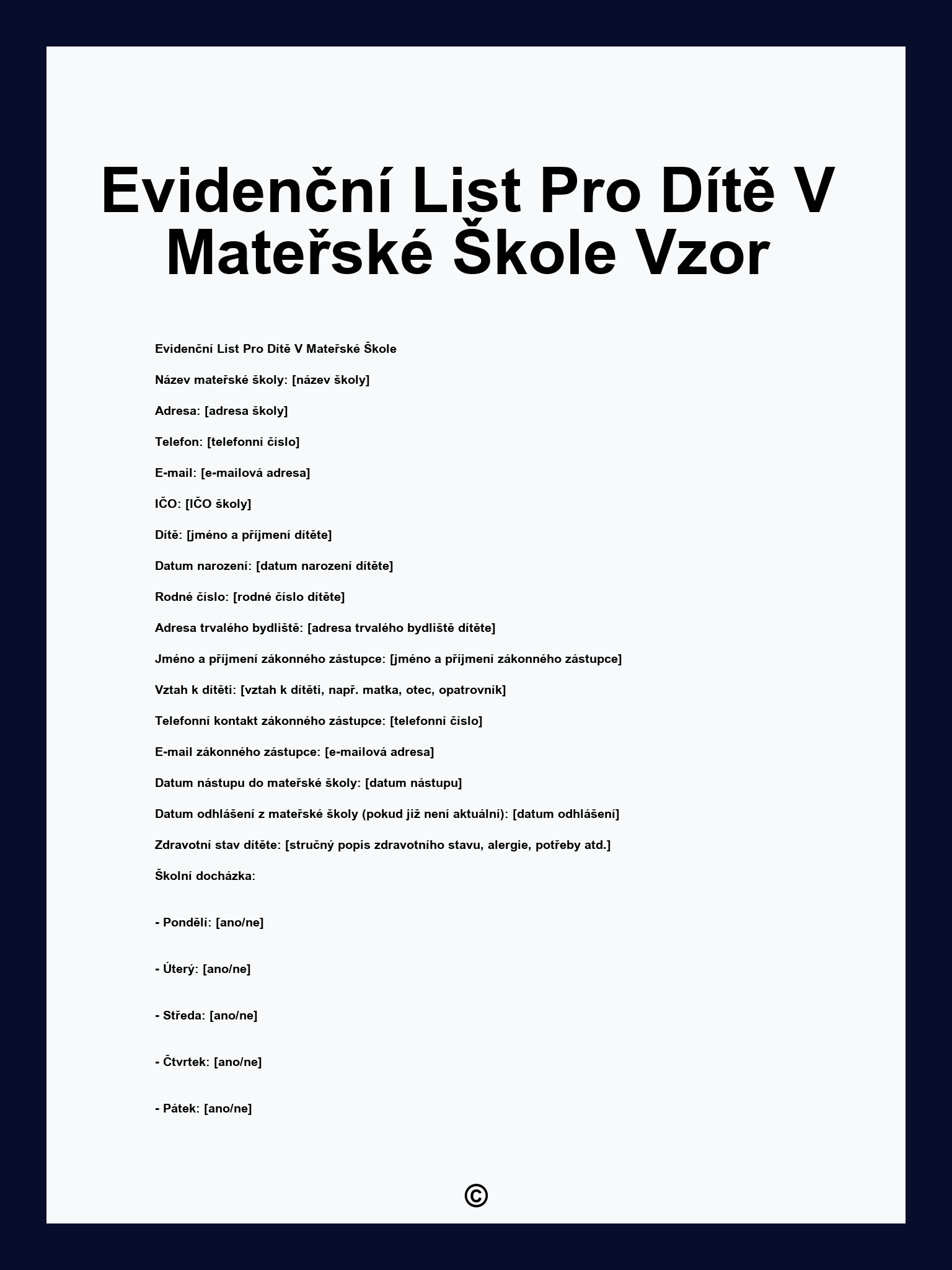 Evidenční List Pro Dítě V Mateřské Škole Vzor