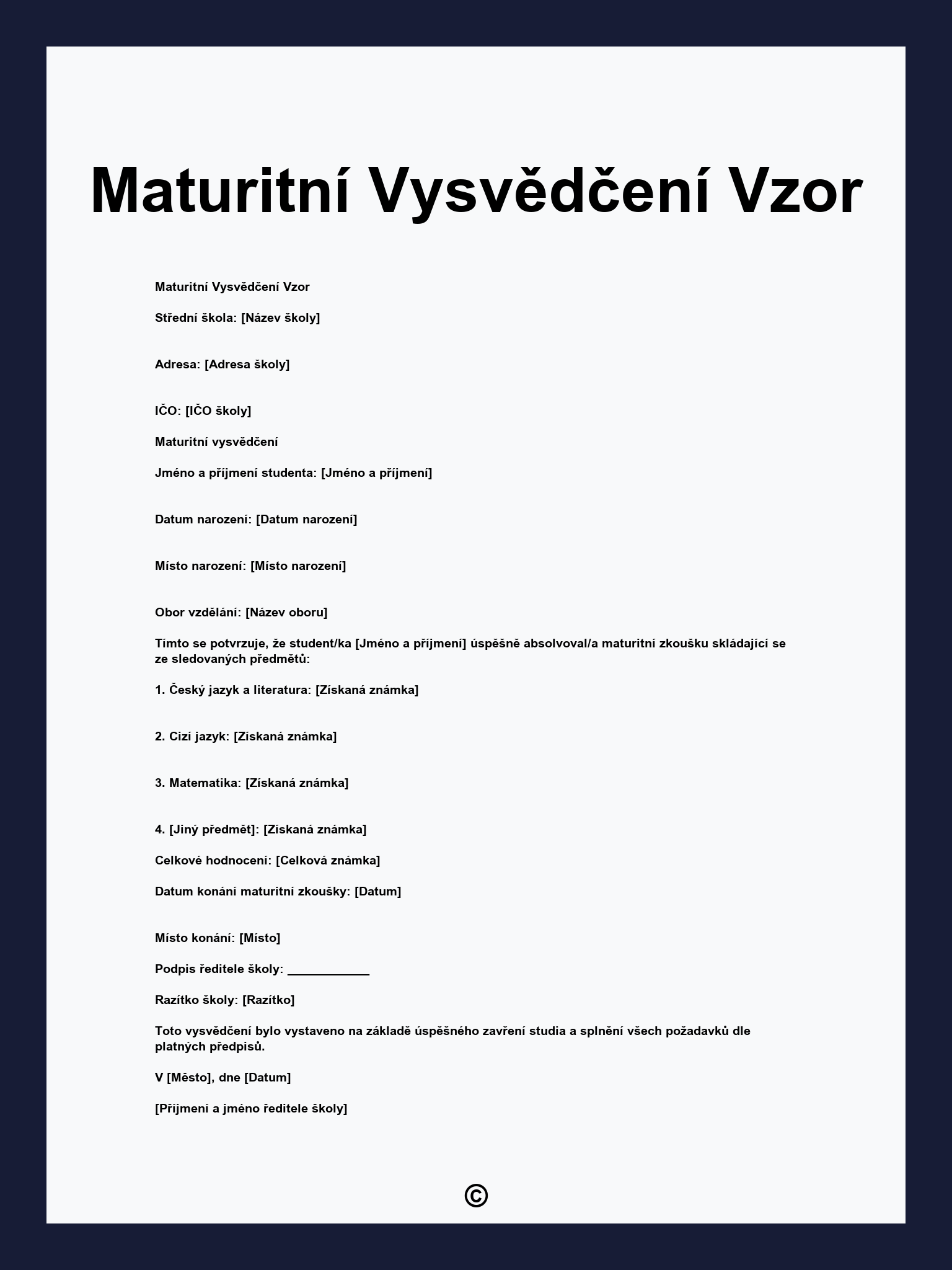 Maturitní Vysvědčení Vzor
