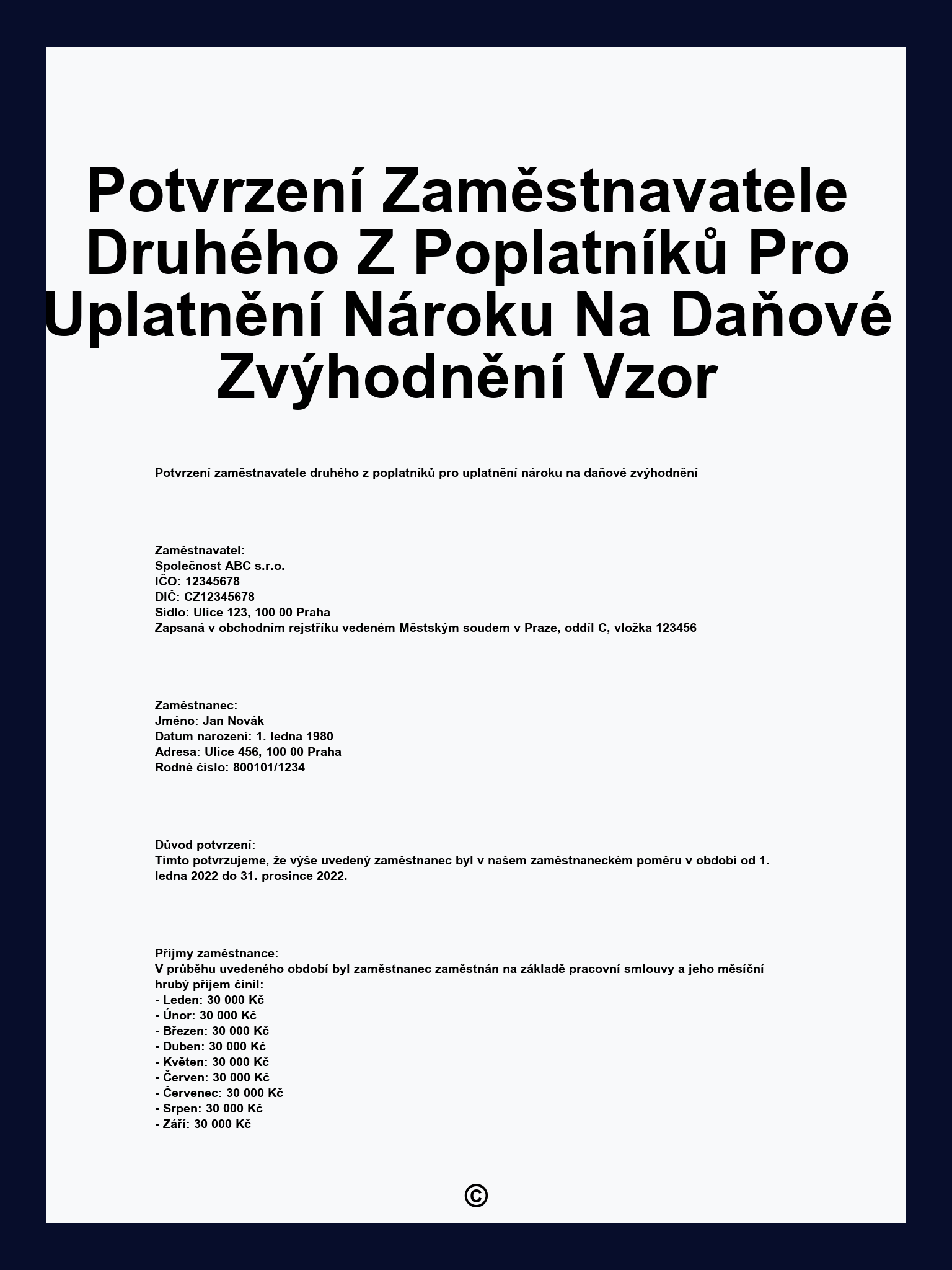 Potvrzení Zaměstnavatele Druhého Z Poplatníků Pro Uplatnění Nároku Na Daňové Zvýhodnění Vzor