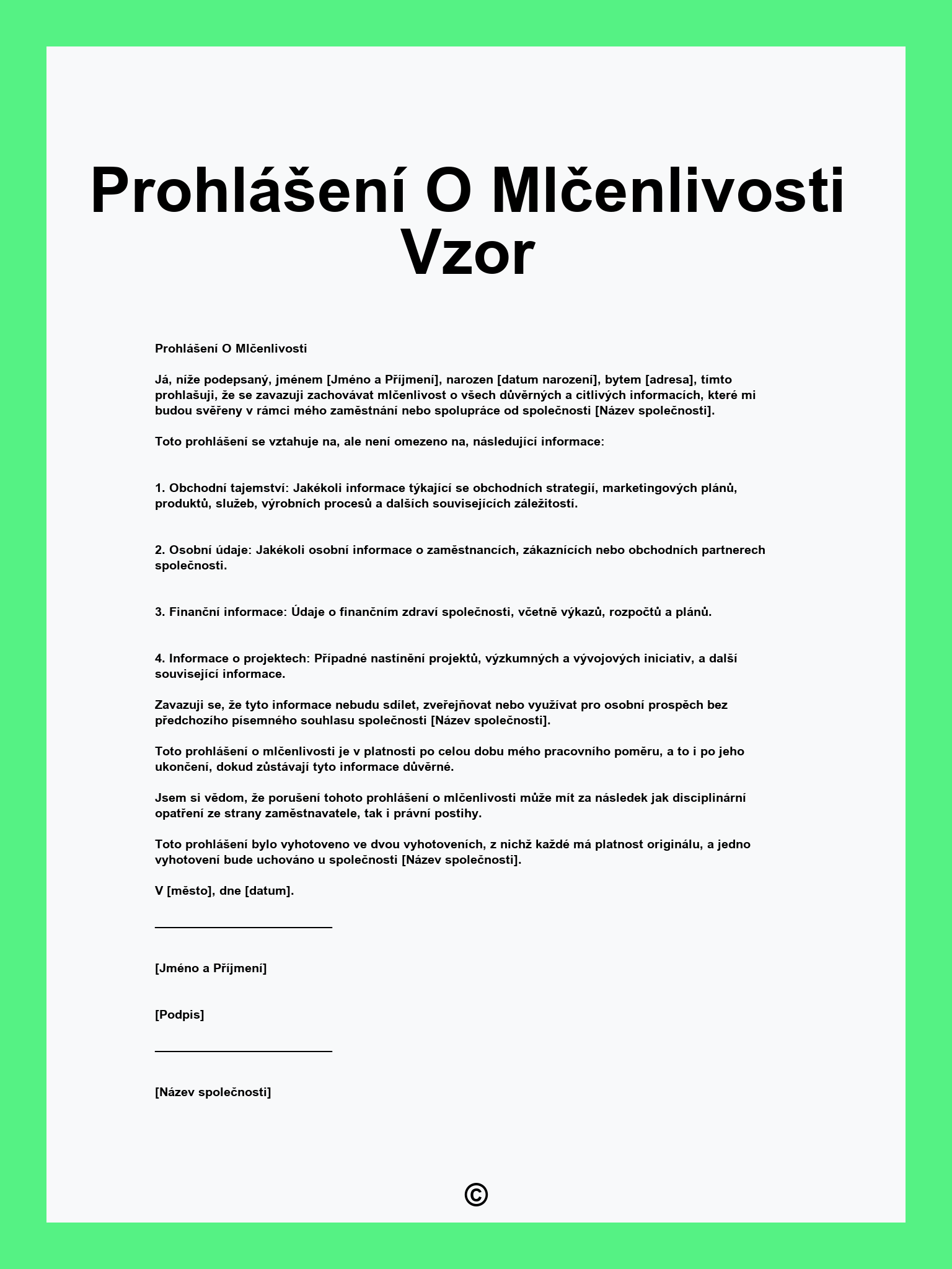 Prohlášení O Mlčenlivosti Vzor