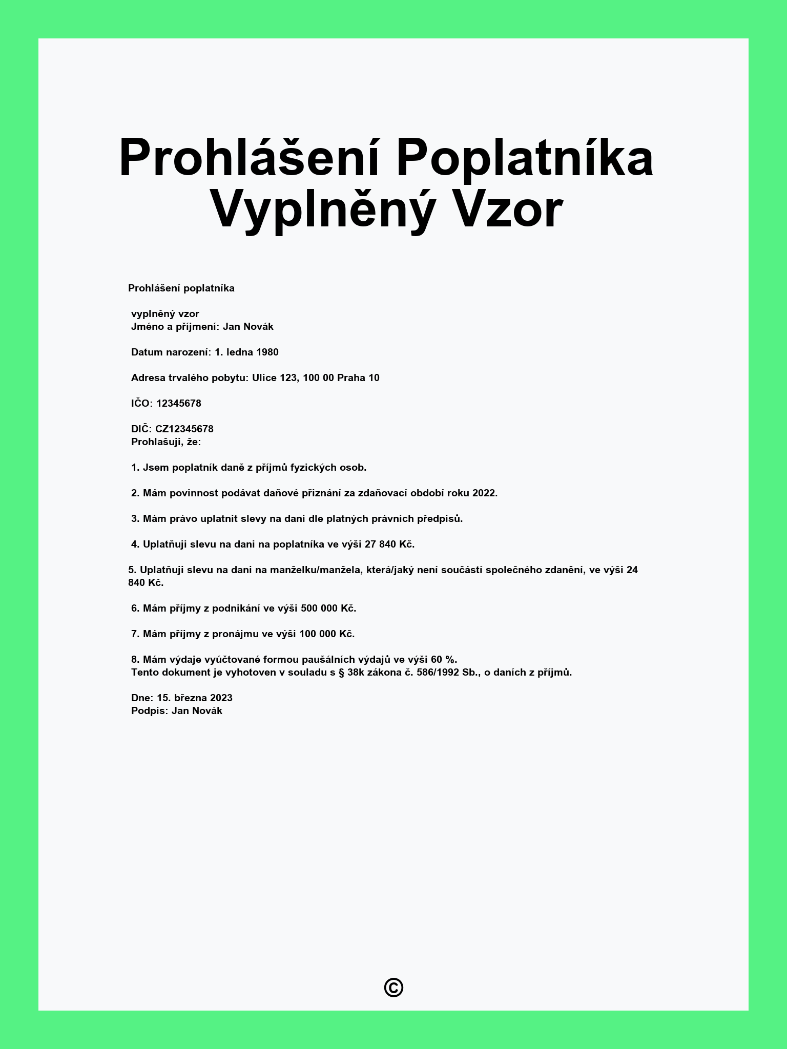 Prohlášení Poplatníka Vyplněný Vzor