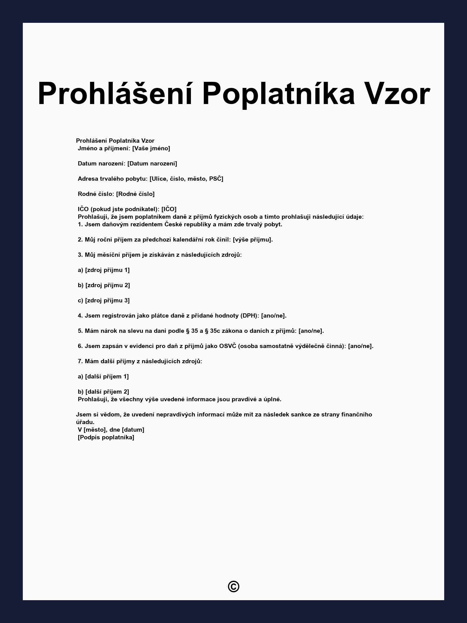 Prohlášení Poplatníka Vzor