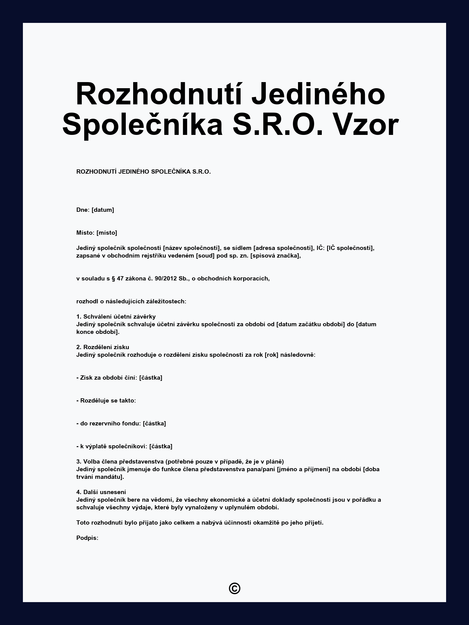 Rozhodnutí Jediného Společníka S.R.O. Vzor