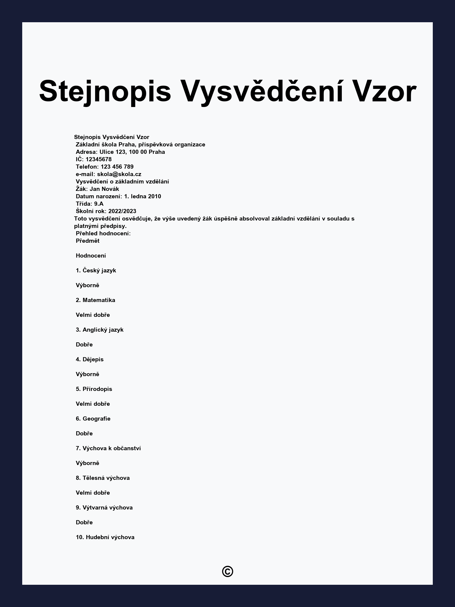 Stejnopis Vysvědčení Vzor