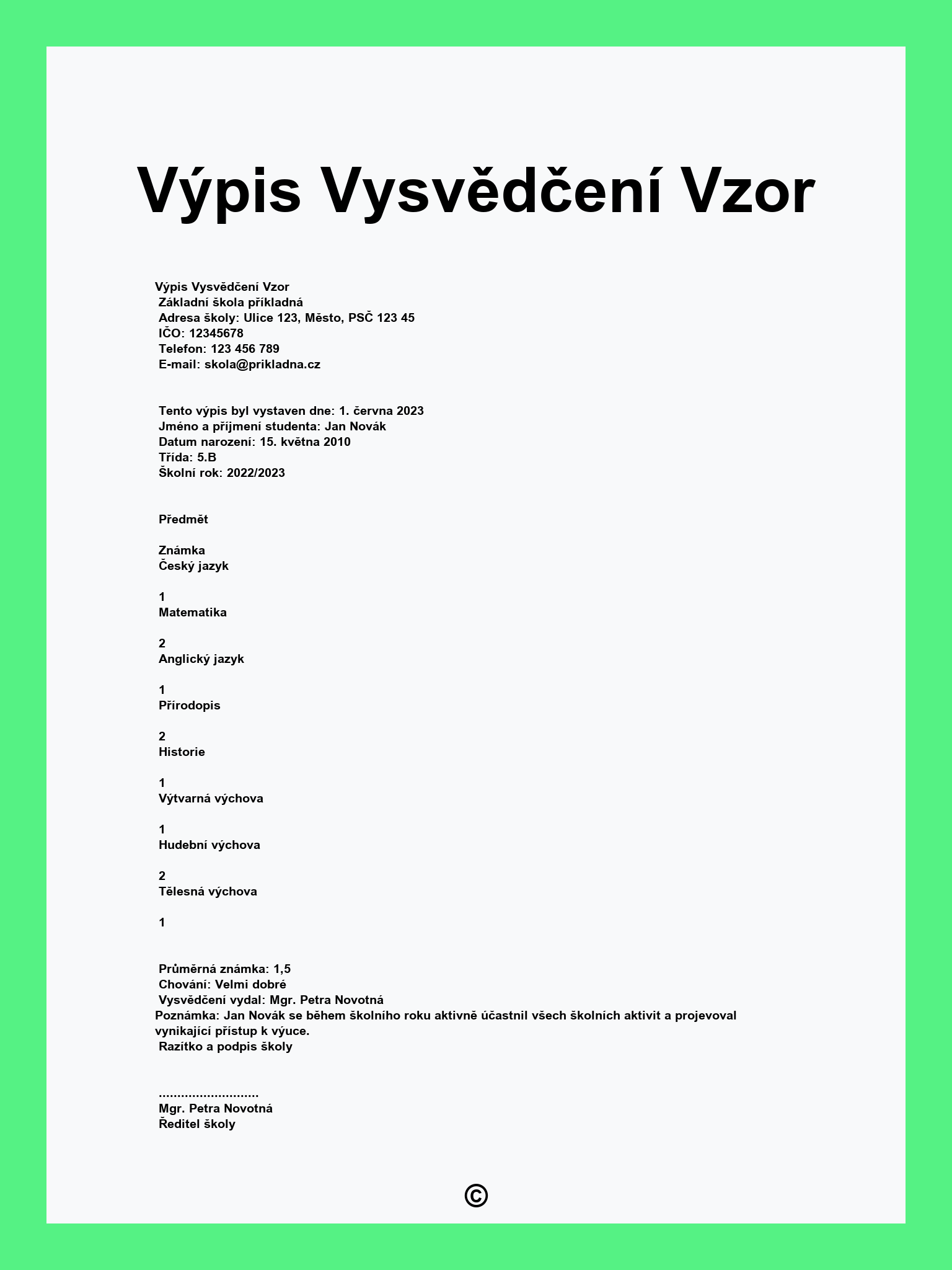 Výpis Vysvědčení Vzor