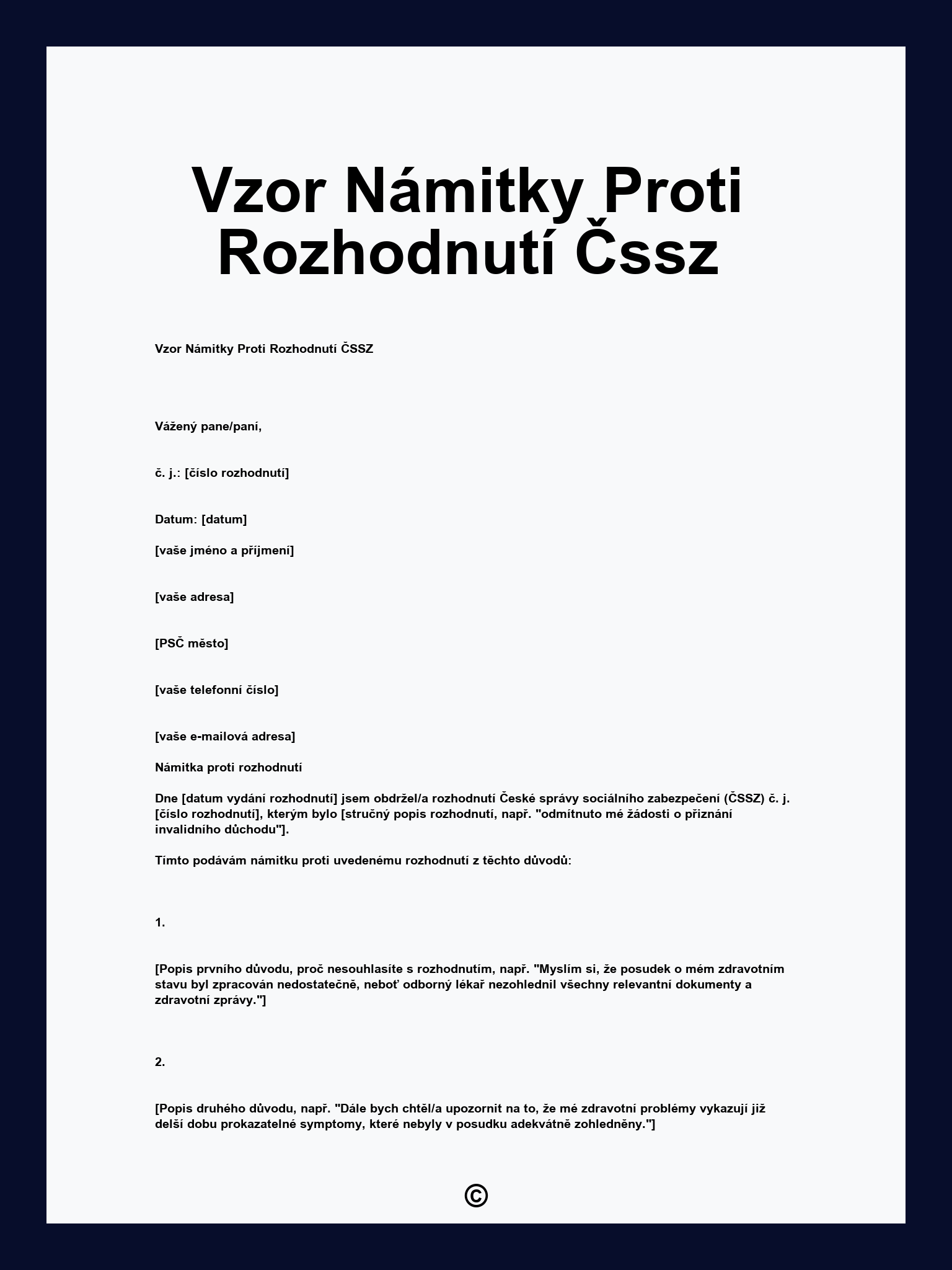 Vzor Námitky Proti Rozhodnutí Čssz